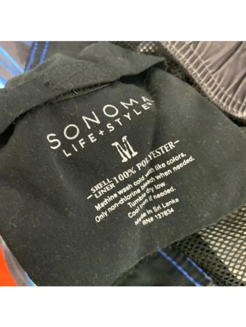 Sonoma Life + Style Mens M Swim Trunks Black Blue Orange Striped Elastic Waist - Picture 4 of 9